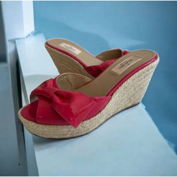 VALENTINO Pink Bow Patent Leather Espadrille Wedges Sandals Size 37.5 - Picture 1 of 10